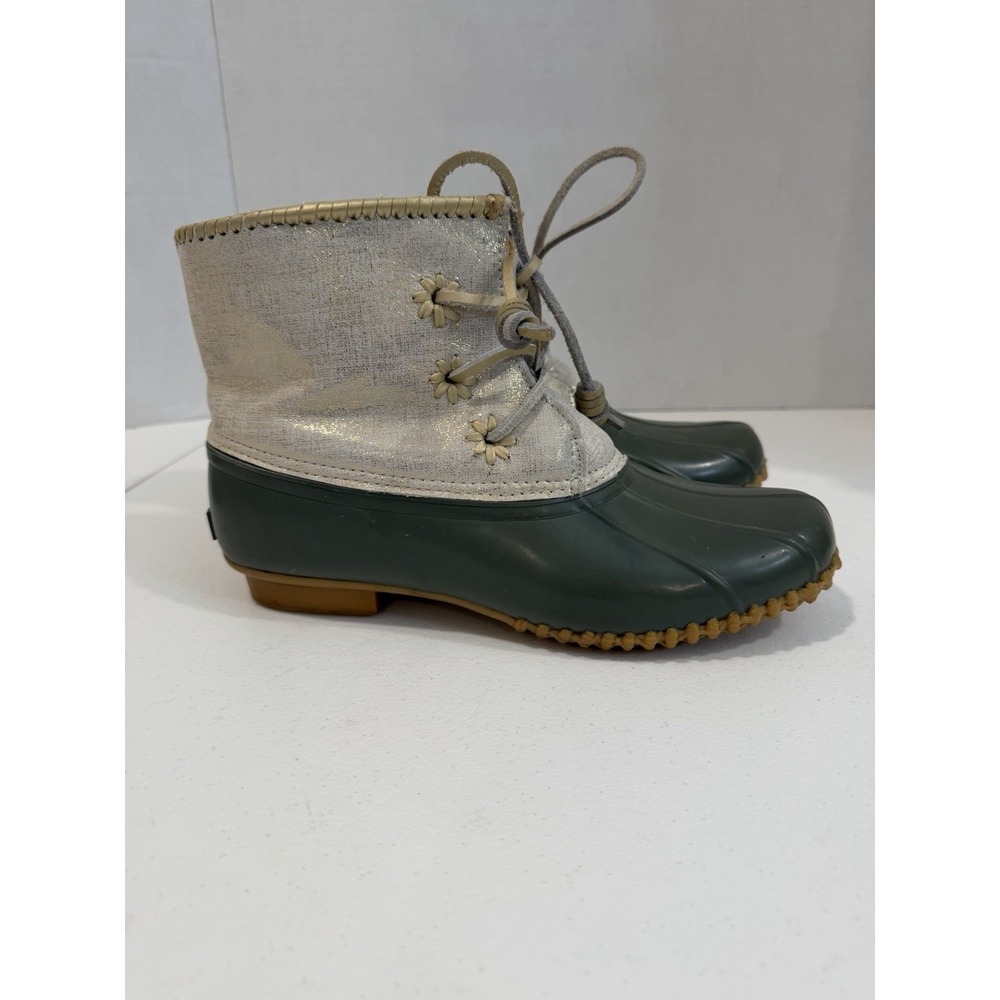 Jack Rogers Women's Duck Rain Boots Size 10 Green Rubber Cream Lace Up